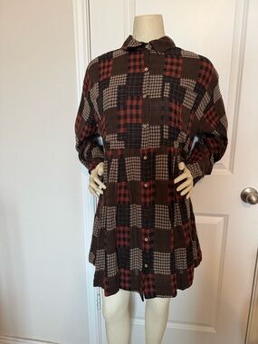 Saints & Hearts 100% Cotton Brown Patchwork Plaid Flannel-Like Button Down Dress